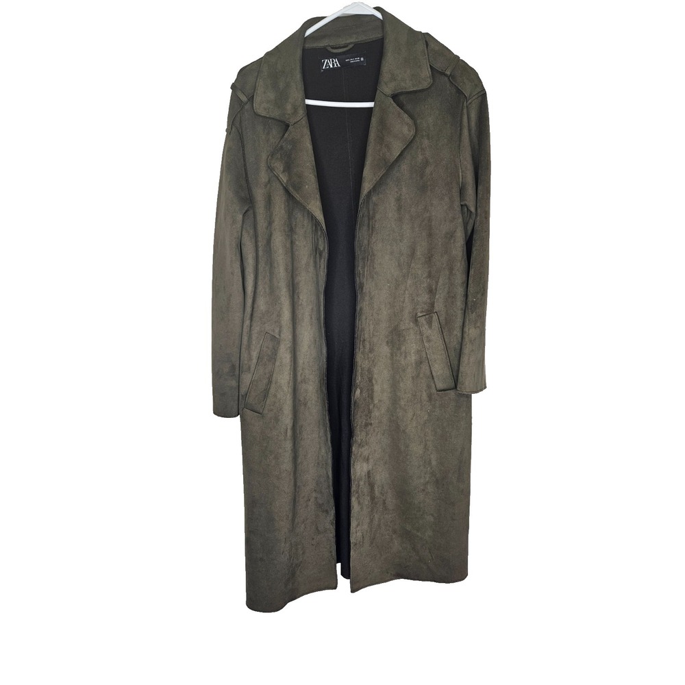 Zara Olive Faux Suede Long Duster Coat S Open Front Boho Minimalist Modern